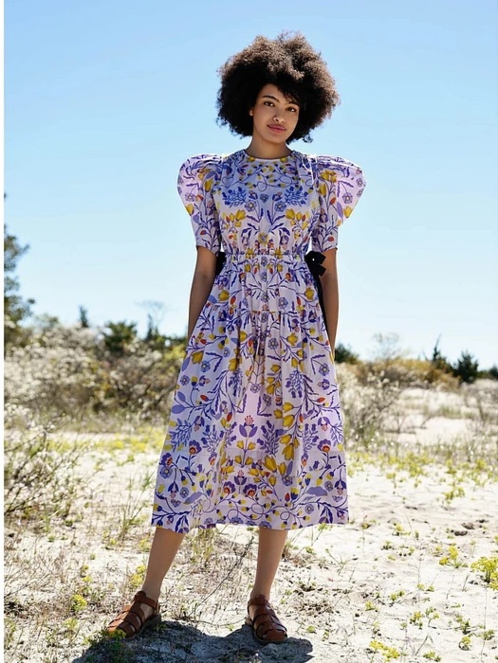 NEW JESSIE ZHAO New York Purple Floral Cotton Puff Sleeve Midi Dress Sz: 6